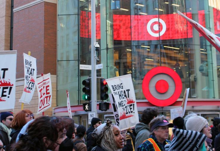 Protestors march through downtown Minneapolis in February as part of a “Bring the Heat, Melt the ICE” week of action, in a photograph by Amie Stager.