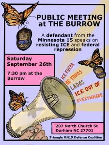 Flyer featuring butterflies and a bullhorn of the Public Meeting at the Burrow and the slogan "ICE out of Everywhere" with the same information alongside this image on this page.